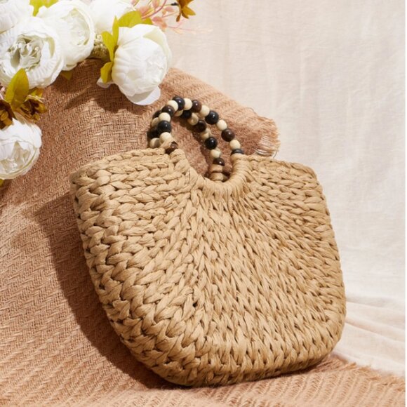 Handmade Woven Straw Bag with Wooden Bead Handles | Vacation Beach Bag| Gift - Picture 10 of 13